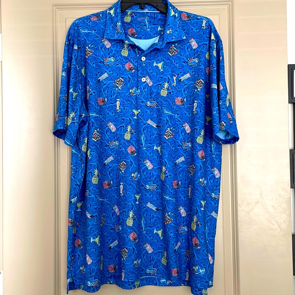 Johnnie-O Men’s golf shirt, blue with designs, size XL